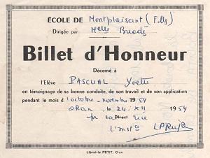 ORAN SCOLARITE ECOLE DE MONTPLAISANT 1954 24 DECEMBRE UN BILLET D HONNEUR